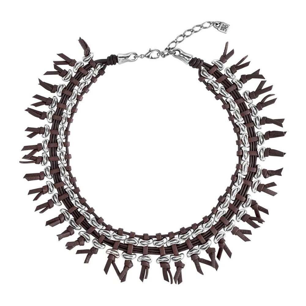 UNO DE 50 ROCK CROCO Braided Leather Fringe BOHO Silver Bezel Statement Necklace